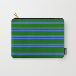 [ Thumbnail: Royal Blue & Dark Green Colored Striped/Lined Pattern Carry-All Pouch ]