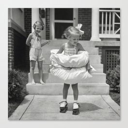 A girl on roller skates with pillows. Canvas Print