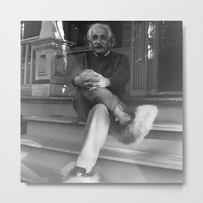 Funny Einstein in Fuzzy Slippers Classic Black and White Satirical Photography - Photographs Metal Print