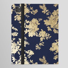Elegant vintage navy blue faux gold flowers iPad Folio Case