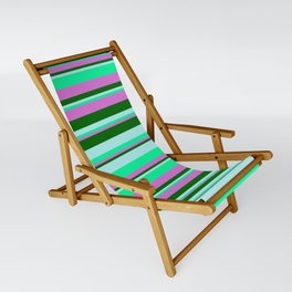 [ Thumbnail: Turquoise, Green, Orchid & Dark Green Colored Striped/Lined Pattern Sling Chair ]