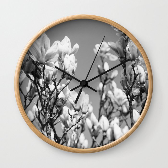 Black and White Magnolia - Floral Spring Tree Wall Clock
