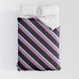 [ Thumbnail: Eyecatching Blue, Light Cyan, Gray, Orchid & Black Colored Lines Pattern Comforter ]
