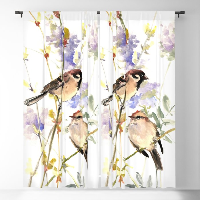 Sparrows and Spring Blossom Blackout Curtain