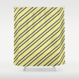 [ Thumbnail: Tan, Dark Orchid & Green Colored Lined/Striped Pattern Shower Curtain ]