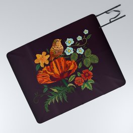 Pillow. Vintage floral embroidery design on black background. Bird, Red Poppy and yellow Lily flowers. Vintage illustration Picnic Blanket