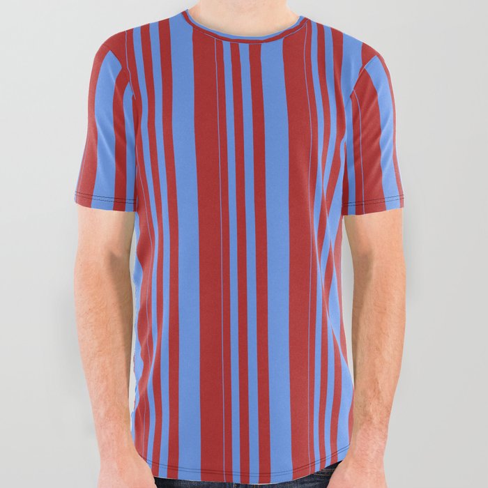 Cornflower Blue & Red Colored Lines/Stripes Pattern All Over Graphic Tee