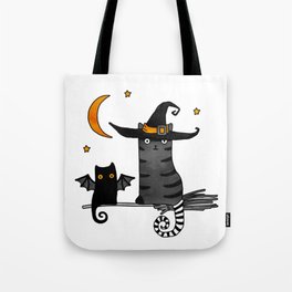 2 cats – Bat and Wizard on a broomstick for Halloween Tote Bag