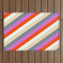[ Thumbnail: Mint Cream, Tan, Light Slate Gray, Orchid, and Red Colored Striped Pattern Outdoor Rug ]