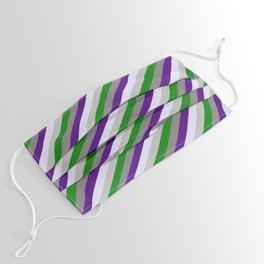 [ Thumbnail: Eye-catching Gray, Indigo, Lavender, Grey, and Green Colored Lined Pattern Face Mask ]