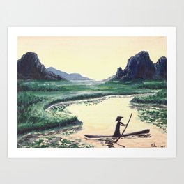 Fisher in the Sunset, Asia, Watercolor Painting Art Print