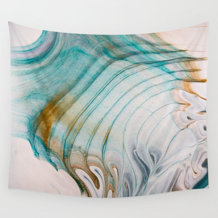 teal gold and white acrylic waves Wall Tapestry