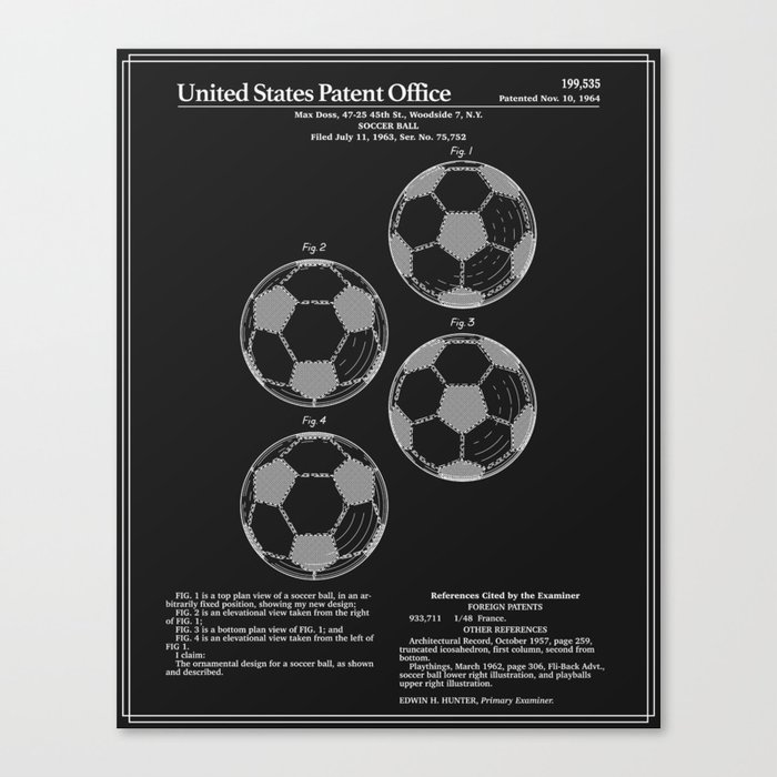 Soccer Ball Patent - Black Canvas Print