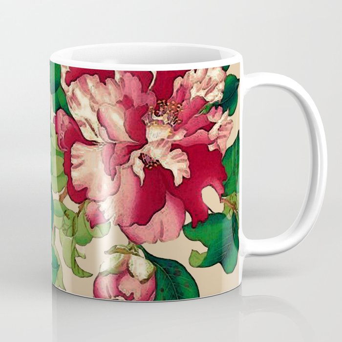 Vintage Japanese Camellias. Deep Pink on Beige Coffee Mug