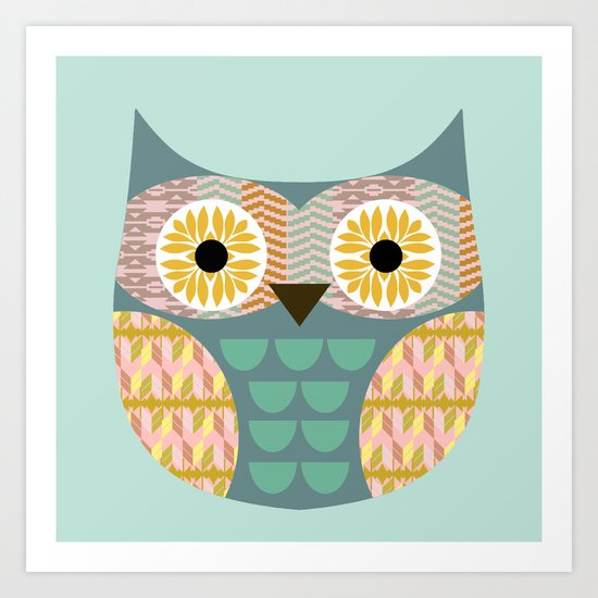 Geometric owl on aqua background Art Print