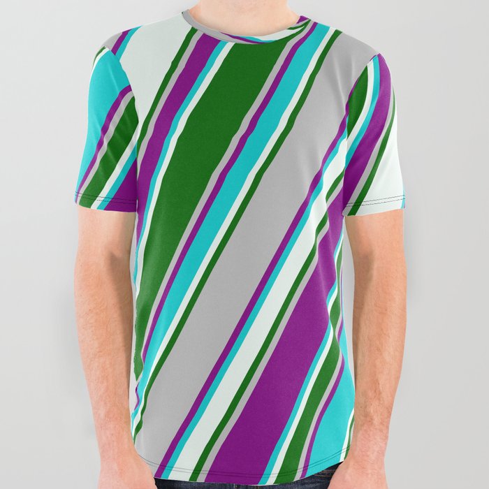 Colorful Grey, Purple, Dark Turquoise, Mint Cream & Dark Green Colored Pattern of Stripes All Over Graphic Tee