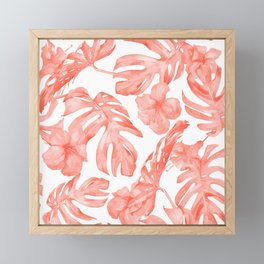 Tropical Hibiscus and Palm Leaves Dark Coral White Framed Mini Art Print