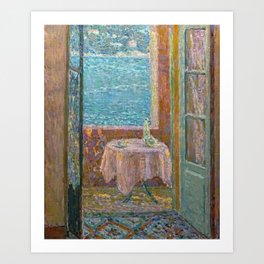 A table by the sea, French Riviera, Côte d'Azur Mediterranean still life in pastel blue and pink portrait painting by Henri Le sidaner Art Print