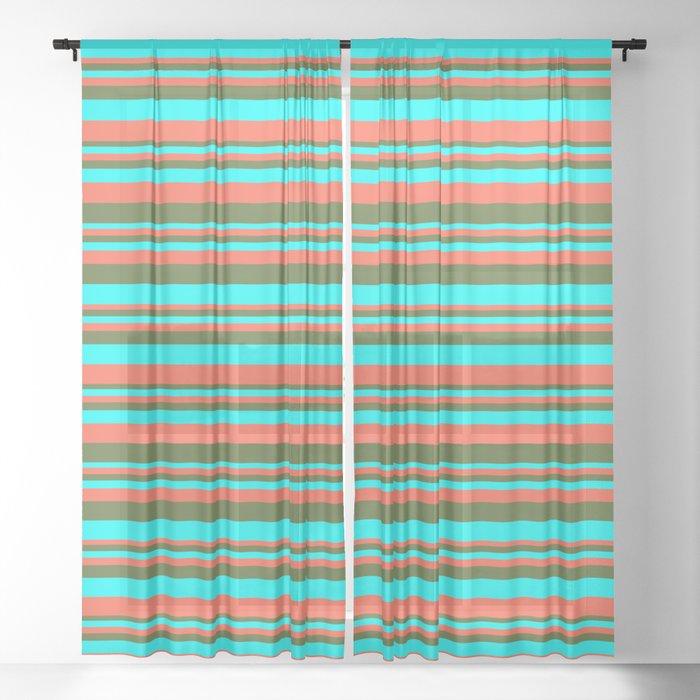 Red, Dark Olive Green & Aqua Colored Lined Pattern Sheer Curtain
