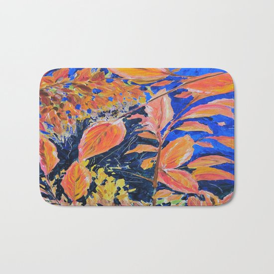 colored autumnleaves under the blue sky Bath Mat