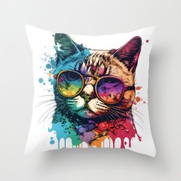 Happy Cat Wearing Sunglasses Colorful - Cats Mom or Dad Gift Idea Funny Throw Pillow