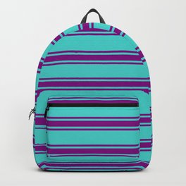 [ Thumbnail: Turquoise and Purple Colored Lines/Stripes Pattern Backpack ]