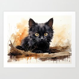 Cute Black Cat Watercolor Art Art Print