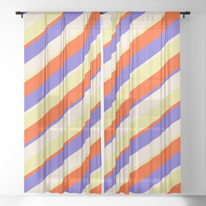 Red, Slate Blue, Beige, and Tan Colored Lines/Stripes Pattern Sheer Curtain