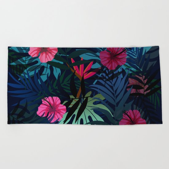 Blue tropical flowers Beach Towel