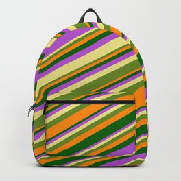 [ Thumbnail: Tan, Green, Dark Orange, Dark Green & Orchid Colored Lines Pattern Backpack ]