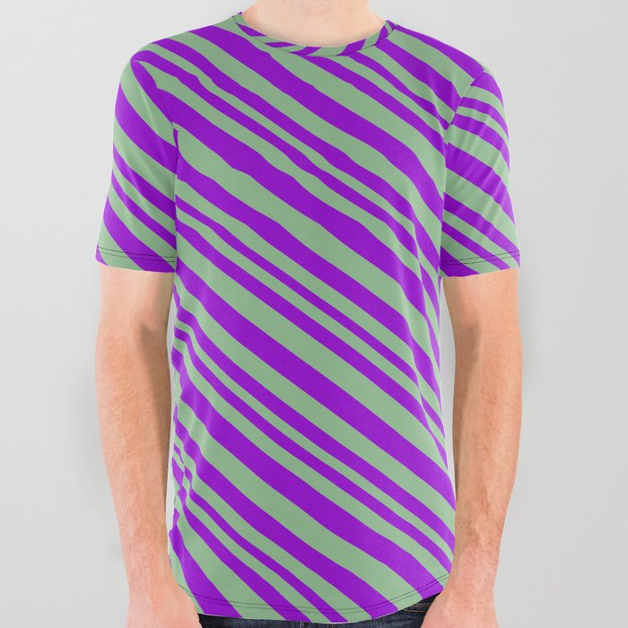 Dark Violet & Dark Sea Green Colored Pattern of Stripes All Over Graphic Tee