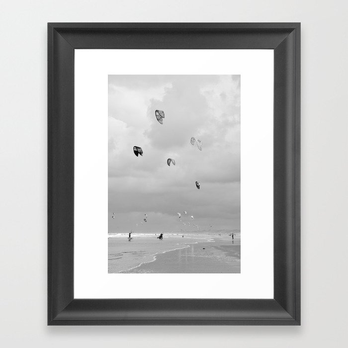 Kitesurfers art print - Black and white kites - surfing in the Netherlands - travel photography Framed Art Print