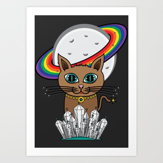 Cosmic Saturn Rainbow Cat Turquoise Art Print By Hrwilliams
