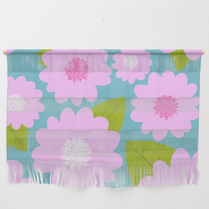 Cheerful Retro Modern Pink Flowers On Bright Turquoise Wall Hanging