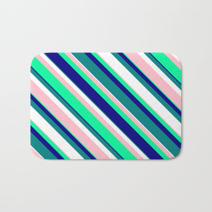 Vibrant Pink, Green, Blue, Teal, and White Colored Striped/Lined Pattern Bath Mat