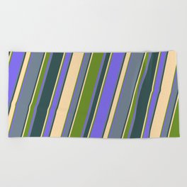 [ Thumbnail: Tan, Green, Medium Slate Blue, Slate Gray, and Dark Slate Gray Colored Lined/Striped Pattern Beach Towel ]