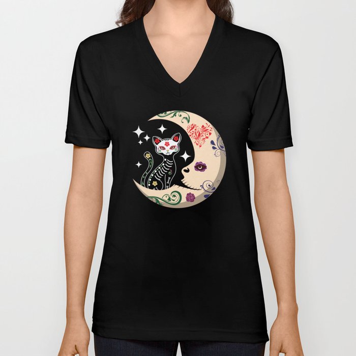 Muertos Day Of Dead Sugar Skull Cat Moon V Neck T Shirt