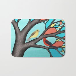 scarlet tanagers in the stained glass tree Bath Mat | Scarletred, Wings, Songbirds, Colored Pencil, Aquablue, Pirangaolivacea, Treebark, Primarycolors, Birds, Scarlettanager 