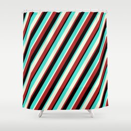 [ Thumbnail: Turquoise, Beige, Red & Black Colored Pattern of Stripes Shower Curtain ]