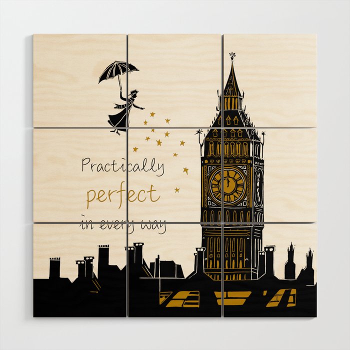 Mary Poppins Practically Perfect in Every Way Linocut Silhouette Wood Wall Art