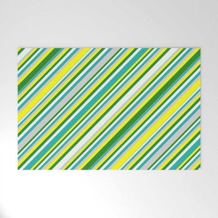 Eyecatching Yellow, Forest Green, Mint Cream, Light Sea Green, and Light Grey Colored Lined Pattern Welcome Mat