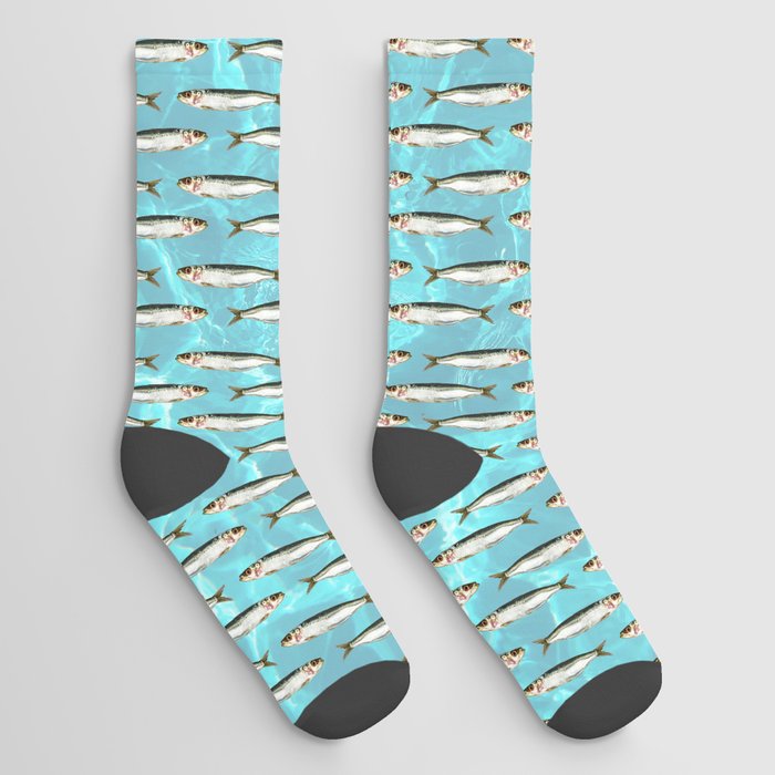 Sardines in the pool Socks | Graphic-design, Turquoise, Pool, Fish, Holiday, Collage, Pattern, Portugal, Portuguese, Fishing