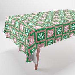 Funky Checkered Smileys and Peace Symbol Pattern (Pink, Green, White) Tablecloth