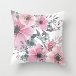 Floral Watercolor, Pink and Gray, Watercolor Print Throw Pillow