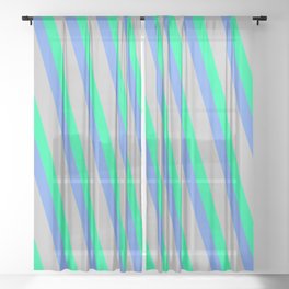 [ Thumbnail: Grey, Green & Cornflower Blue Colored Striped/Lined Pattern Sheer Curtain ]