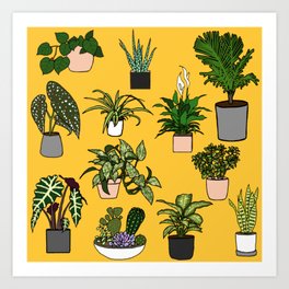 Indoor Plants Pattern on Mustard Yellow Art Print