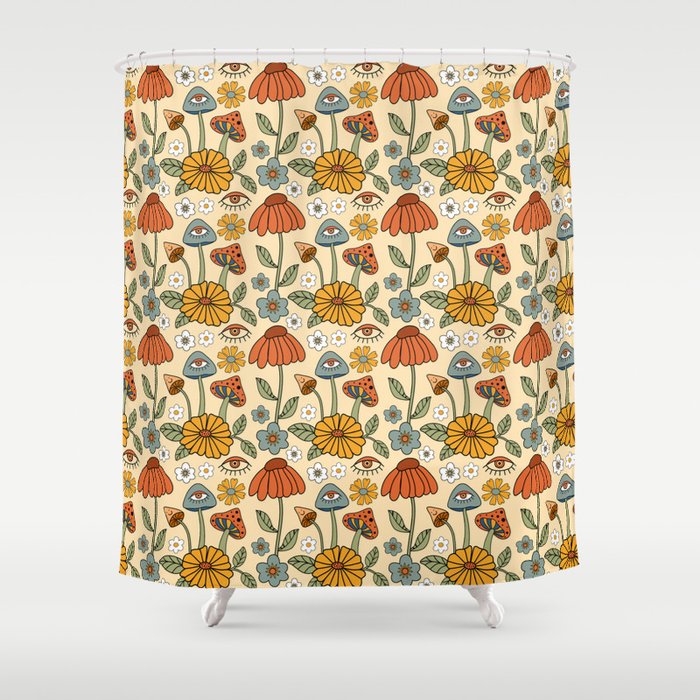 70s Psychedelic Mushrooms & Florals Shower Curtain