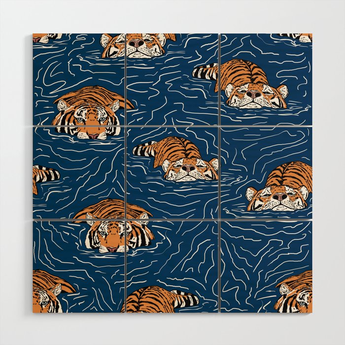 Tigers in the water Wood Wall Art