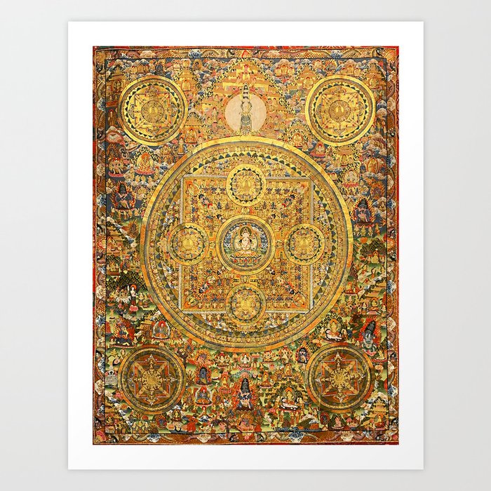 Tibetan Buddhist Gold Avalokiteshvara Mandala Thangka Art Print