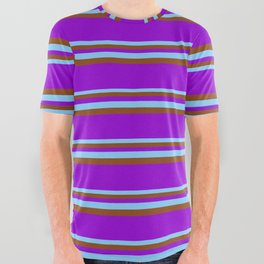 [ Thumbnail: Light Sky Blue, Brown, and Dark Violet Colored Pattern of Stripes All Over Graphic Tee ]
